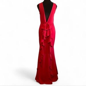 Red Ruched Backless Plunge Gown